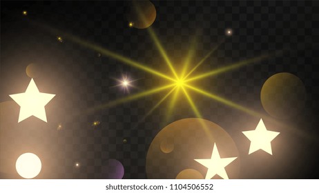 Many Random Falling Golden Stars Confetti on Dark Background. Vector Stars Sky. Invitation Background. Banner, Greeting Card, Christmas and New Year card, Postcard, Packaging, Textile Print.