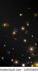 Many Random Falling Golden Stars Confetti on Black Background. Vector Stars Sky. Invitation Background. Banner, Greeting Card, Christmas and New Year card, Postcard, Packaging, Textile Print.
