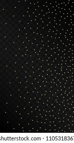 Many Random Falling Golden Stars Confetti on Black Background. Beautiful Night Sky. Invitation Background. Banner, Greeting Card,  New Year and Christmas card, Postcard, Packaging, Textile Print.