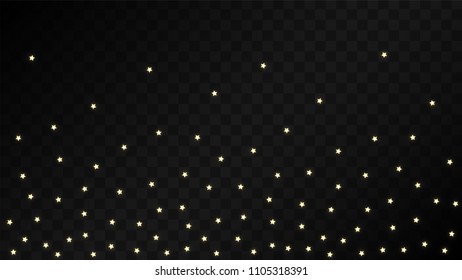 Many Random Falling Golden Stars Confetti on Dark Background. Vector illustration. Invitation Background. Banner, Greeting Card,  New Year and Christmas card, Postcard, Packaging, Textile Print.