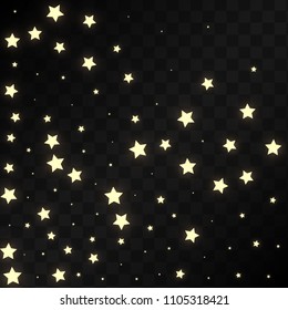 Many Random Falling Golden Stars Confetti on Black Background. Beautiful Night Sky. Invitation Background. Banner, Greeting Card, Christmas and New Year card, Postcard, Packaging, Textile Print.