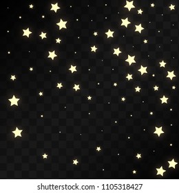 Many Random Falling Golden Stars Confetti on Black Background. Vector illustration. Invitation Background. Banner, Greeting Card,  New Year and Christmas card, Postcard, Packaging, Textile Print.