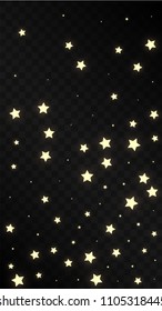 Many Random Falling Golden Stars Confetti on Dark Background. Beautiful Night Sky. Invitation Background. Banner, Greeting Card, Christmas and New Year card, Postcard, Packaging, Textile Print.