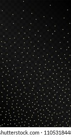 Many Random Falling Golden Stars Confetti on Dark Background. Beautiful Night Sky. Invitation Background. Banner, Greeting Card,  New Year and Christmas card, Postcard, Packaging, Textile Print.