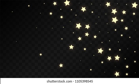 Many Random Falling Golden Stars Confetti on Black Background. Vector Stars Sky. Invitation Background. Banner, Greeting Card, Christmas and New Year card, Postcard, Packaging, Textile Print.