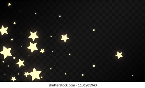Many Random Falling Golden Stars Confetti on Black Background. Beautiful Night Sky. Invitation Background. Banner, Greeting Card, Christmas and New Year card, Postcard, Packaging, Textile Print.