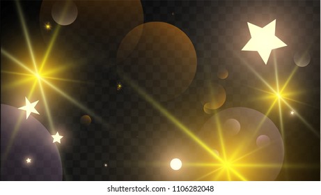 Many Random Falling Golden Stars Confetti on Dark Background. Beautiful Night Sky. Invitation Background. Banner, Greeting Card,  New Year and Christmas card, Postcard, Packaging, Textile Print.