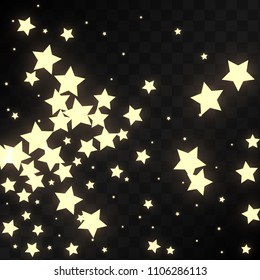 Many Random Falling Golden Stars Confetti on Black Background. Vector illustration. Invitation Background. Banner, Greeting Card, Christmas and New Year card, Postcard, Packaging, Textile Print.