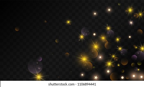 Many Random Falling Golden Stars Confetti on Dark Background. Vector Stars Sky. Invitation Background. Banner, Greeting Card, Christmas and New Year card, Postcard, Packaging, Textile Print.