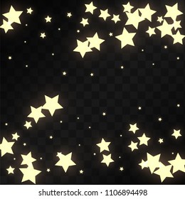 Many Random Falling Golden Stars Confetti on Black Background. Vector Stars Sky. Invitation Background. Banner, Greeting Card, Christmas and New Year card, Postcard, Packaging, Textile Print.