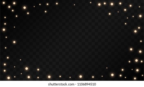 Many Random Falling Golden Stars Confetti on Dark Background. Vector Stars Sky. Invitation Background. Banner, Greeting Card, Christmas and New Year card, Postcard, Packaging, Textile Print.