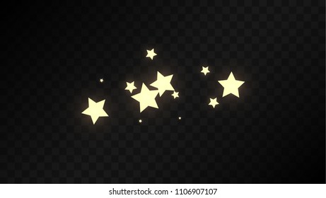 Many Random Falling Golden Stars Confetti on Dark Background. Vector illustration. Invitation Background. Banner, Greeting Card,  New Year and Christmas card, Postcard, Packaging, Textile Print.