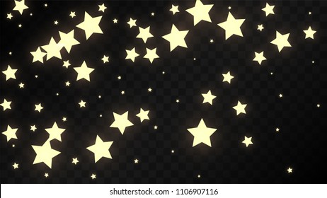 Many Random Falling Golden Stars Confetti on Dark Background. Vector Stars Sky. Invitation Background. Banner, Greeting Card,  New Year and Christmas card, Postcard, Packaging, Textile Print.