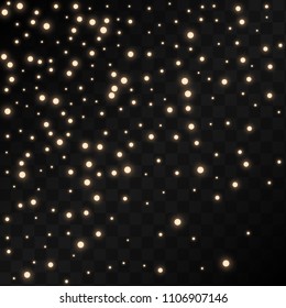Many Random Falling Golden Stars Confetti on Black Background. Vector Stars Sky. Invitation Background. Banner, Greeting Card,  New Year and Christmas card, Postcard, Packaging, Textile Print.