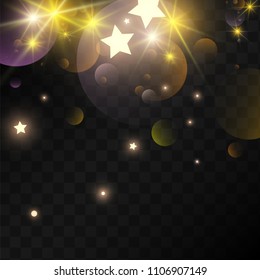 Many Random Falling Golden Stars Confetti on Dark Background. Beautiful Night Sky. Invitation Background. Banner, Greeting Card, Christmas and New Year card, Postcard, Packaging, Textile Print.