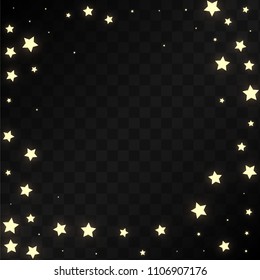 Many Random Falling Golden Stars Confetti on Black Background. Beautiful Night Sky. Invitation Background. Banner, Greeting Card, Christmas and New Year card, Postcard, Packaging, Textile Print.