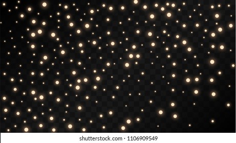 Many Random Falling Golden Stars Confetti on Black Background. Beautiful Night Sky. Invitation Background. Banner, Greeting Card, Christmas and New Year card, Postcard, Packaging, Textile Print.