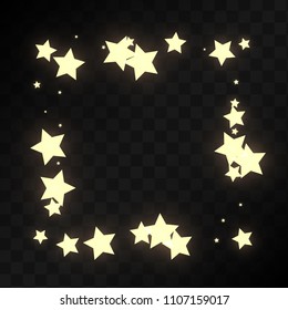 Many Random Falling Golden Stars Confetti on Dark Background. Beautiful Night Sky. Invitation Background. Banner, Greeting Card, Christmas and New Year card, Postcard, Packaging, Textile Print.