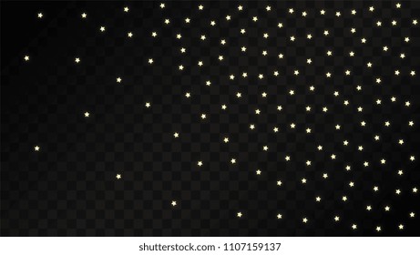 Many Random Falling Golden Stars Confetti on Dark Background. Vector illustration. Invitation Background. Banner, Greeting Card,  New Year and Christmas card, Postcard, Packaging, Textile Print.