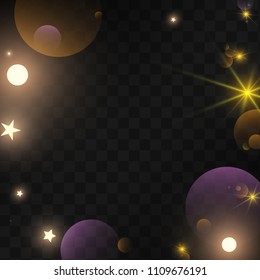 Many Random Falling Golden Stars Confetti on Black Background. Beautiful Night Sky. Invitation Background. Banner, Greeting Card,  New Year and Christmas card, Postcard, Packaging, Textile Print.