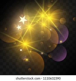 Many Random Falling Golden Stars Confetti on Black Background. Vector Stars Sky. Invitation Background. Banner, Greeting Card, Christmas and New Year card, Postcard, Packaging, Textile Print.