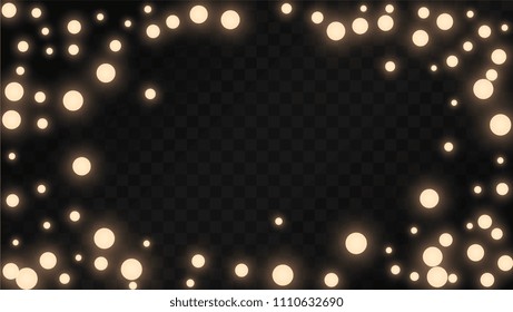 Many Random Falling Golden Stars Confetti on Black Background. Beautiful Night Sky. Invitation Background. Banner, Greeting Card, Christmas and New Year card, Postcard, Packaging, Textile Print.