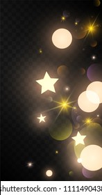 Many Random Falling Golden Stars Confetti on Black Background. Vector illustration. Invitation Background. Banner, Greeting Card, Christmas and New Year card, Postcard, Packaging, Textile Print.