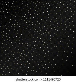 Many Random Falling Golden Stars Confetti on Black Background. Vector illustration. Invitation Background. Banner, Greeting Card,  New Year and Christmas card, Postcard, Packaging, Textile Print.