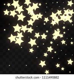 Many Random Falling Golden Stars Confetti on Black Background. Beautiful Night Sky. Invitation Background. Banner, Greeting Card, Christmas and New Year card, Postcard, Packaging, Textile Print.