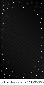Many Random Falling Golden Stars Confetti on Black Background. Beautiful Night Sky. Invitation Background. Banner, Greeting Card,  New Year and Christmas card, Postcard, Packaging, Textile Print.