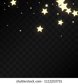 Many Random Falling Golden Stars Confetti on Dark Background. Vector illustration. Invitation Background. Banner, Greeting Card, Christmas and New Year card, Postcard, Packaging, Textile Print.