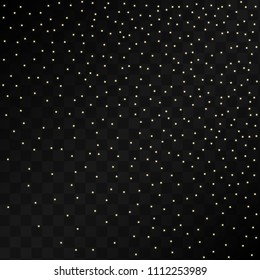 Many Random Falling Golden Stars Confetti on Black Background. Beautiful Night Sky. Invitation Background. Banner, Greeting Card, Christmas and New Year card, Postcard, Packaging, Textile Print.