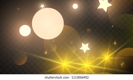 Many Random Falling Golden Stars Confetti on Dark Background. Vector illustration. Invitation Background. Banner, Greeting Card,  New Year and Christmas card, Postcard, Packaging, Textile Print.