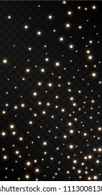 Many Random Falling Golden Stars Confetti on Black Background. Vector Stars Sky. Invitation Background. Banner, Greeting Card, Christmas and New Year card, Postcard, Packaging, Textile Print.