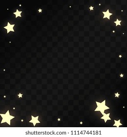 Many Random Falling Golden Stars Confetti on Black Background. Beautiful Night Sky. Invitation Background. Banner, Greeting Card,  New Year and Christmas card, Postcard, Packaging, Textile Print.