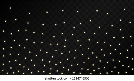 Many Random Falling Golden Stars Confetti on Black Background. Beautiful Night Sky. Invitation Background. Banner, Greeting Card,  New Year and Christmas card, Postcard, Packaging, Textile Print.