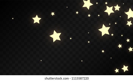 Many Random Falling Golden Stars Confetti on Dark Background. Vector Stars Sky. Invitation Background. Banner, Greeting Card, Christmas and New Year card, Postcard, Packaging, Textile Print.