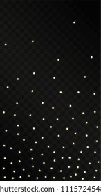 Many Random Falling Golden Stars Confetti on Dark Background. Vector Stars Sky. Invitation Background. Banner, Greeting Card, Christmas and New Year card, Postcard, Packaging, Textile Print.