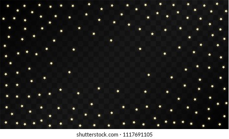 Many Random Falling Golden Stars Confetti on Dark Background. Vector Stars Sky. Invitation Background. Banner, Greeting Card,  New Year and Christmas card, Postcard, Packaging, Textile Print.