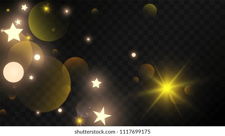 Many Random Falling Golden Stars Confetti on Dark Background. Vector Stars Sky. Invitation Background. Banner, Greeting Card,  New Year and Christmas card, Postcard, Packaging, Textile Print.