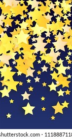 Many Random Falling Golden Stars Confetti. Invitation Background. Banner, Greeting Card, Christmas and New Year card, Postcard, Packaging, Textile Print. Beautiful Night Sky
