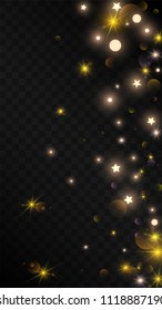 Many Random Falling Golden Stars Confetti on Black Background. Vector Stars Sky. Invitation Background. Banner, Greeting Card, Christmas and New Year card, Postcard, Packaging, Textile Print.