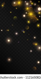 Many Random Falling Golden Stars Confetti on Black Background. Vector Stars Sky. Invitation Background. Banner, Greeting Card,  New Year and Christmas card, Postcard, Packaging, Textile Print.