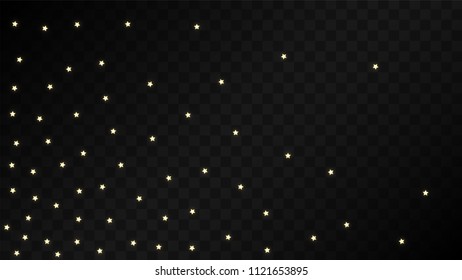 Many Random Falling Golden Stars Confetti on Dark Background. Vector Stars Sky. Invitation Background. Banner, Greeting Card,  New Year and Christmas card, Postcard, Packaging, Textile Print.