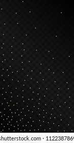 Many Random Falling Golden Stars Confetti on Black Background. Beautiful Night Sky. Invitation Background. Banner, Greeting Card, Christmas and New Year card, Postcard, Packaging, Textile Print.