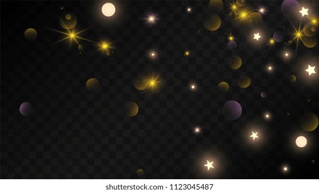 Many Random Falling Golden Stars Confetti on Dark Background. Vector Stars Sky. Invitation Background. Banner, Greeting Card, Christmas and New Year card, Postcard, Packaging, Textile Print.