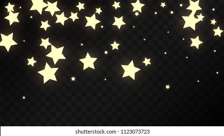 Many Random Falling Golden Stars Confetti on Black Background. Vector illustration. Invitation Background. Banner, Greeting Card, Christmas and New Year card, Postcard, Packaging, Textile Print.