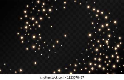 Many Random Falling Golden Stars Confetti on Black Background. Beautiful Night Sky. Invitation Background. Banner, Greeting Card,  New Year and Christmas card, Postcard, Packaging, Textile Print.