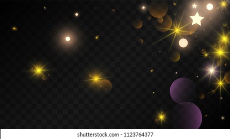 Many Random Falling Golden Stars Confetti on Black Background. Vector illustration. Invitation Background. Banner, Greeting Card, Christmas and New Year card, Postcard, Packaging, Textile Print.