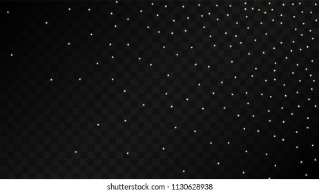 Many Random Falling Golden Stars Confetti on Dark Background. Beautiful Night Sky. Invitation Background. Banner, Greeting Card, Christmas and New Year card, Postcard, Packaging, Textile Print.